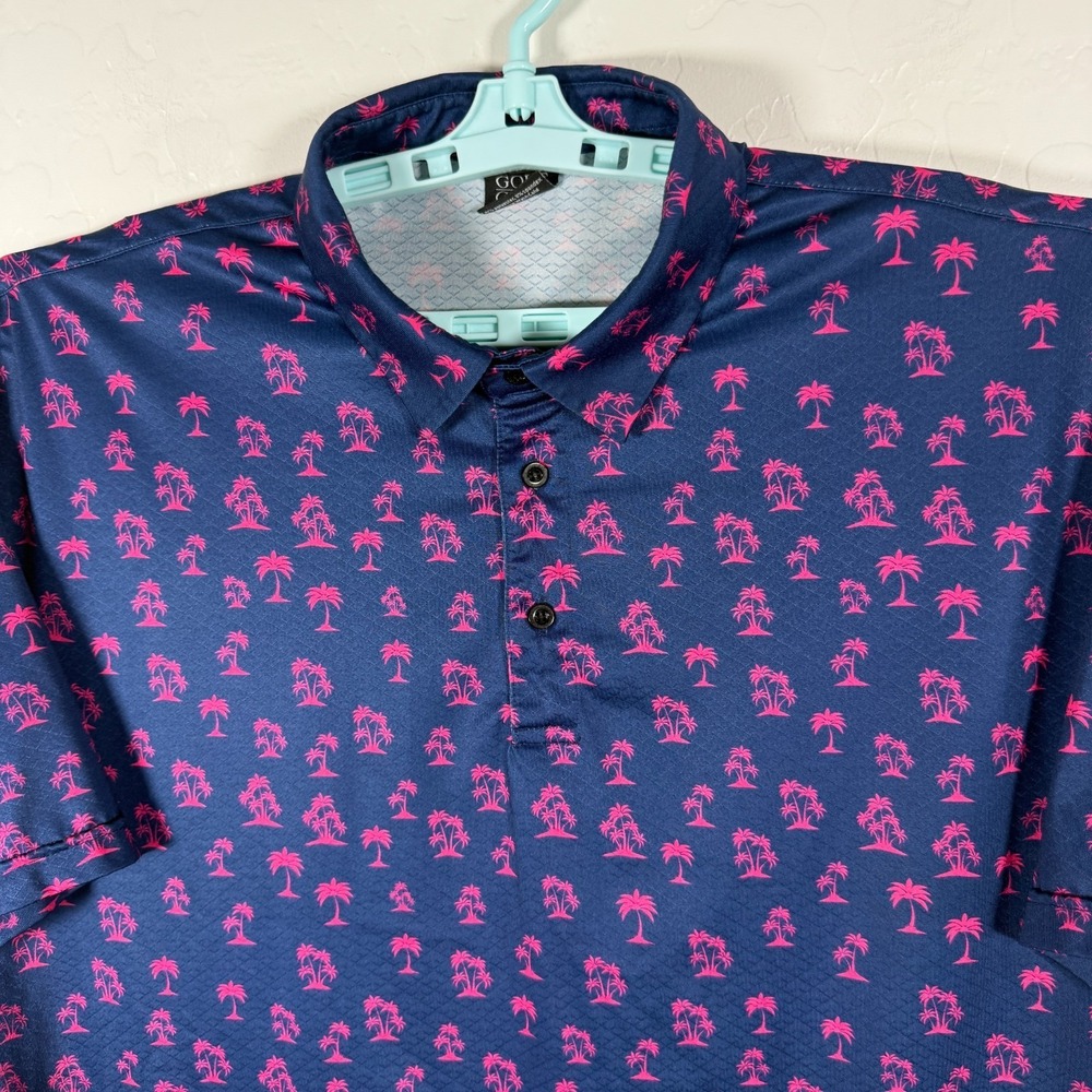 Golf Gods Polo Shirt Mens 2XL Blue Pink Performance Floral Palms Island Novelty